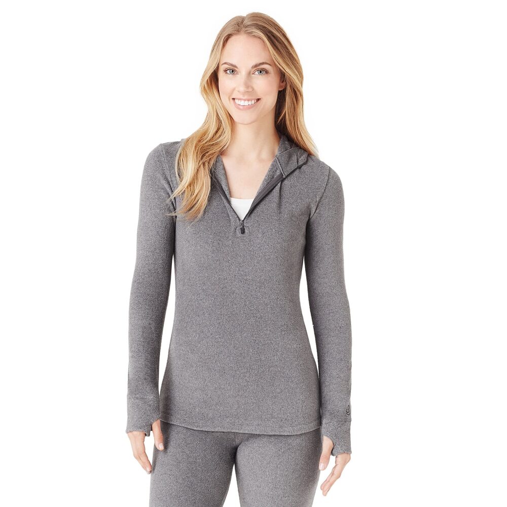 Cuddl Duds Women's Gray Half-Zip Thumbhole Stretch Fleece Hoodie L NWT